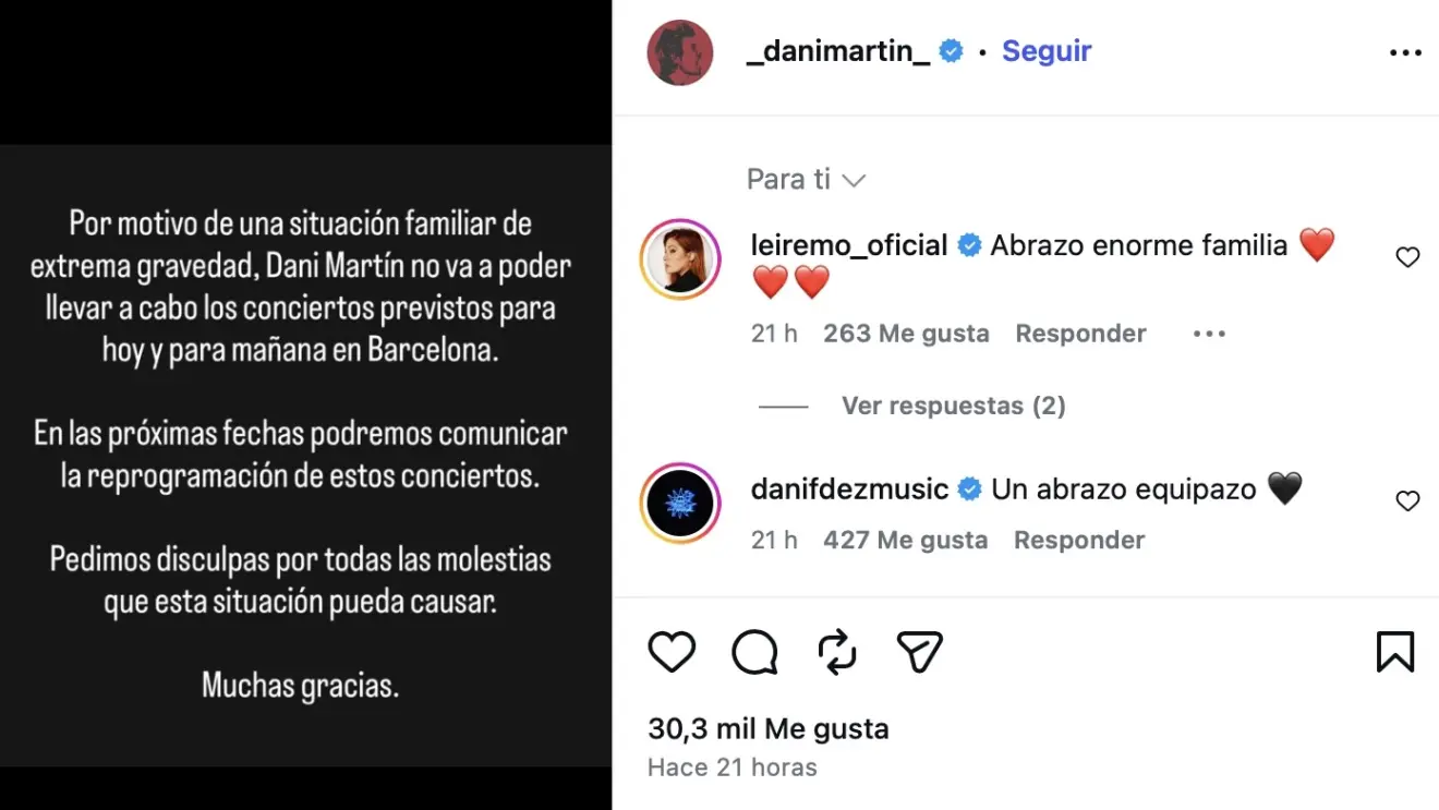 Comunicado y mensajes de apoyo en Instagram